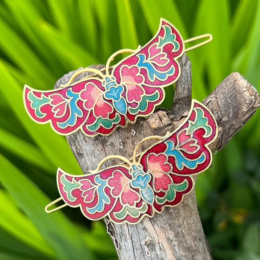 Vintage Cloisonné Enamel Butterfly Hair Barrettes – Set of 2